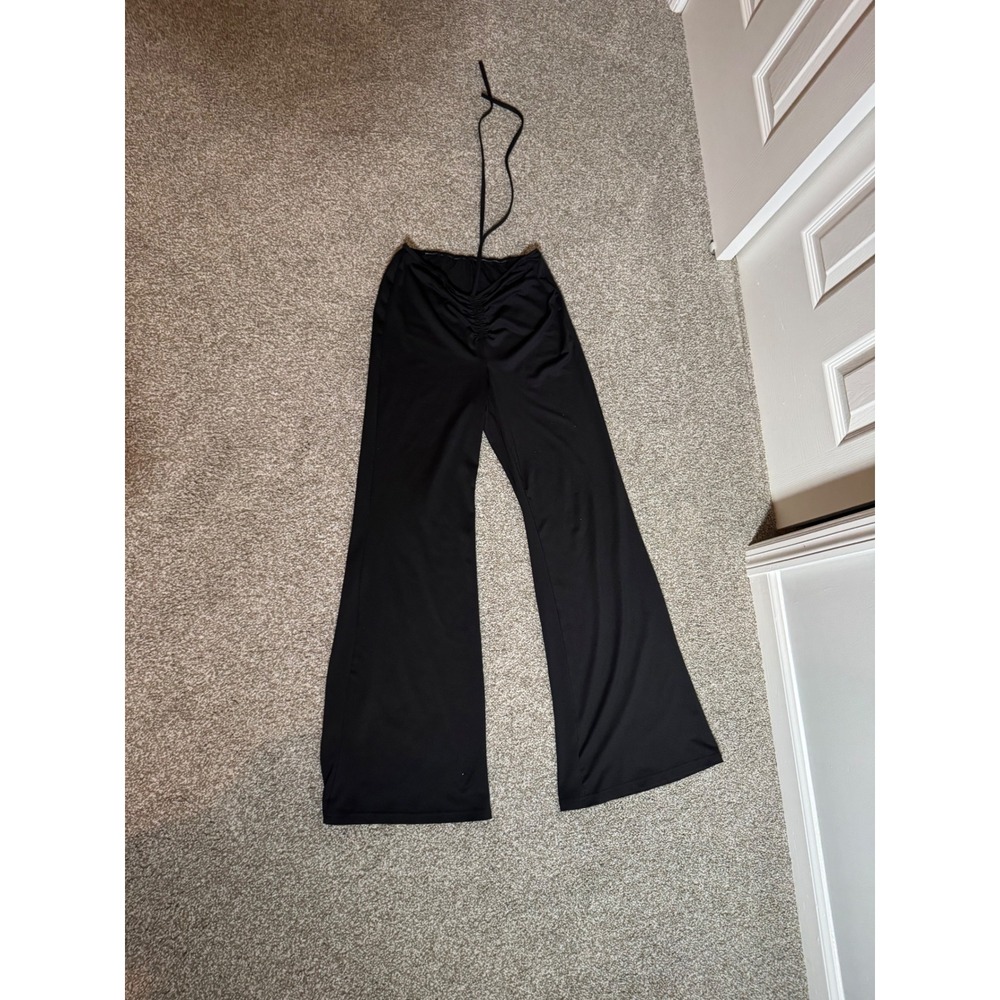 Black Halter Tie Waist Ruched Flare Pants Wide Leg Festival Rave Y2K